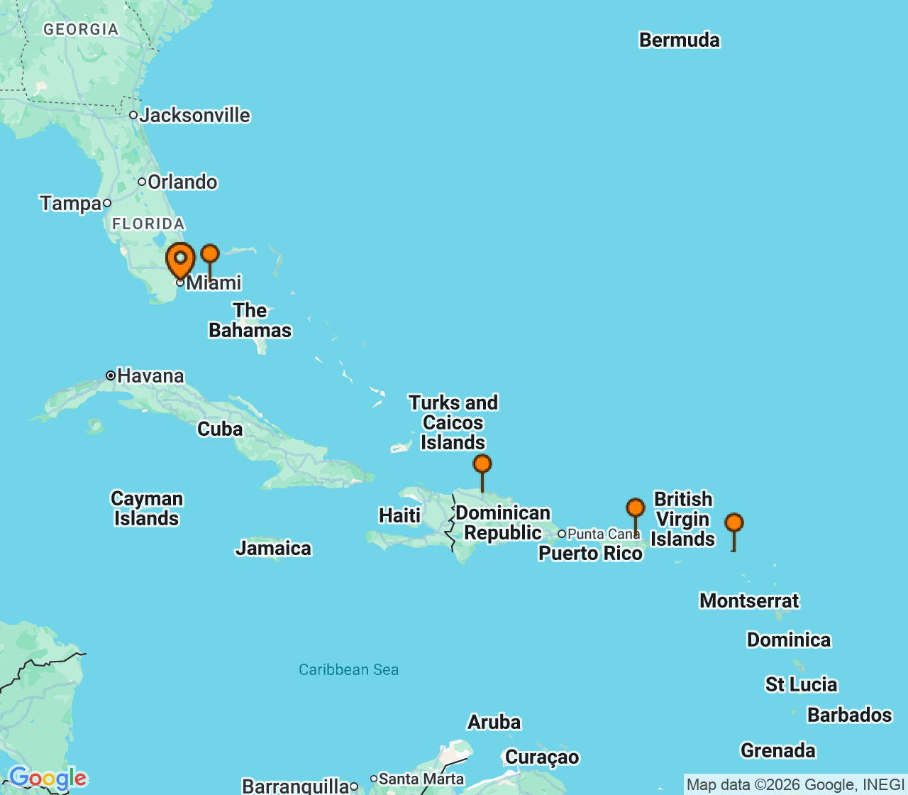 Harta itinerariu Croaziera 2026 - Caraibe si America Centrala (Miami, FL) - Virgin Voyages - Resilient Lady - 8 nopti