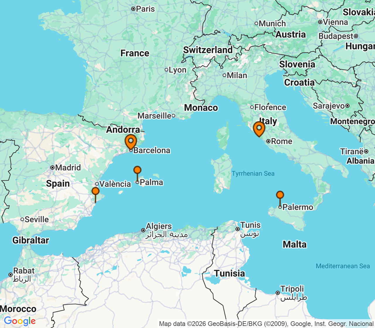 Harta itinerariu Croaziera 2026 - Mediterana (Barcelona, Spania) - Costa Cruises - Costa Toscana - 5 nopti