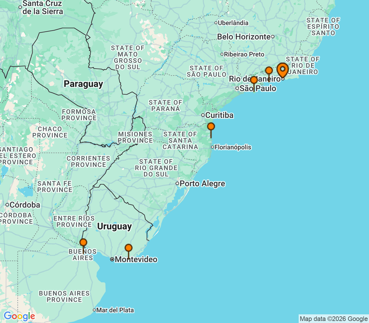 Harta itinerariu Croaziera 2027 - America de Sud (Rio de Janeiro, Brazilia) - MSC Cruises - MSC Splendida - 9 nopti