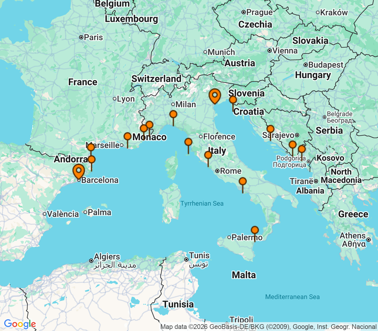 Harta itinerariu Croaziera 2027 - Mediterana (Barcelona, Spania) - Windstar Cruises - Star Explorer - 16 nopti