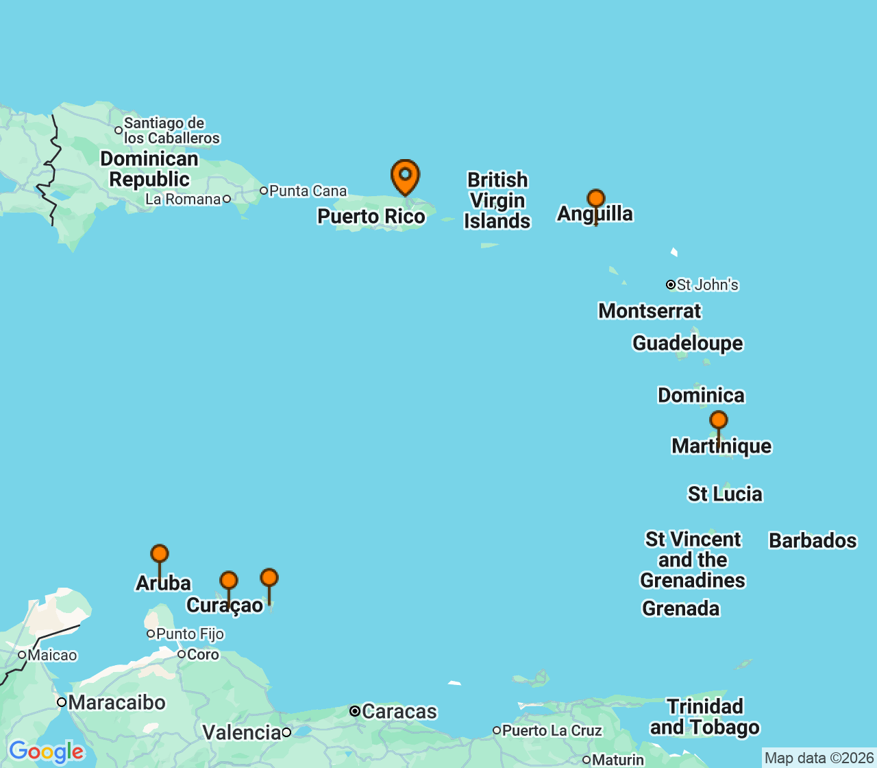 Harta itinerariu Croaziera 2027 - Caraibe si America Centrala (San Juan, Puerto Rico) - Virgin Voyages - Valiant Lady - 8 nopti
