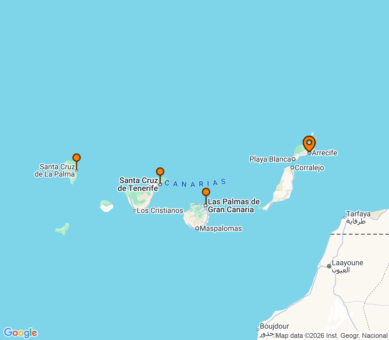 Harta itinerariu Croaziera 2028 - Mediterana (Arrecife, Insulele Canare) - MSC Cruises - MSC Euribia - 4 nopti