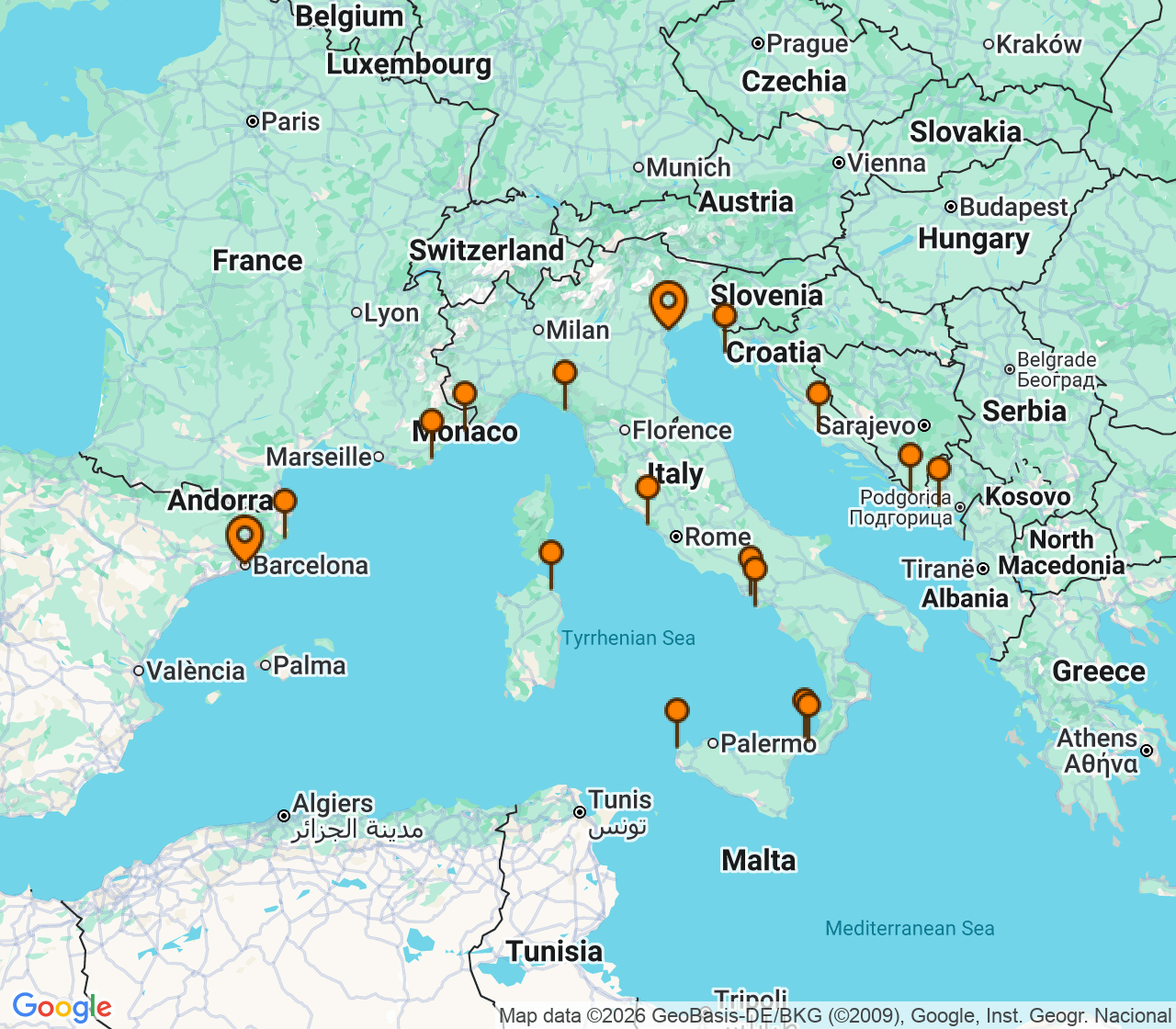 Harta itinerariu Croaziera 2027 - Mediterana (Barcelona, Spania) - Regent Seven Seas Cruises - Seven Seas Grandeur - 18 nopti