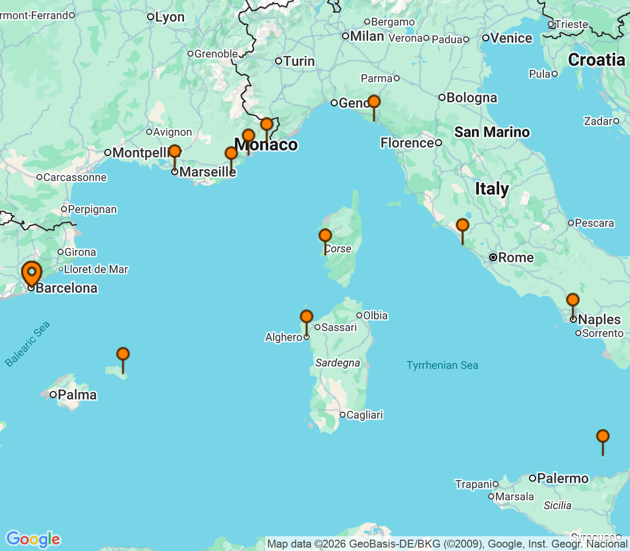 Harta itinerariu Croaziera 2027 - Mediterana (Barcelona, Spania) - Explora Journeys - Explora I - 14 nopti