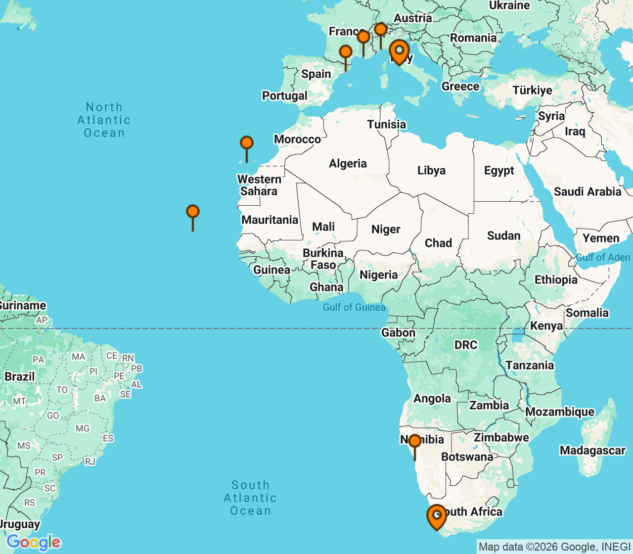 Harta itinerariu Croaziera 2027 - Grand Voyage si Tematice (Cape Town, Africa de Sud) - Costa Cruises - Costa Deliziosa - 20 nopti