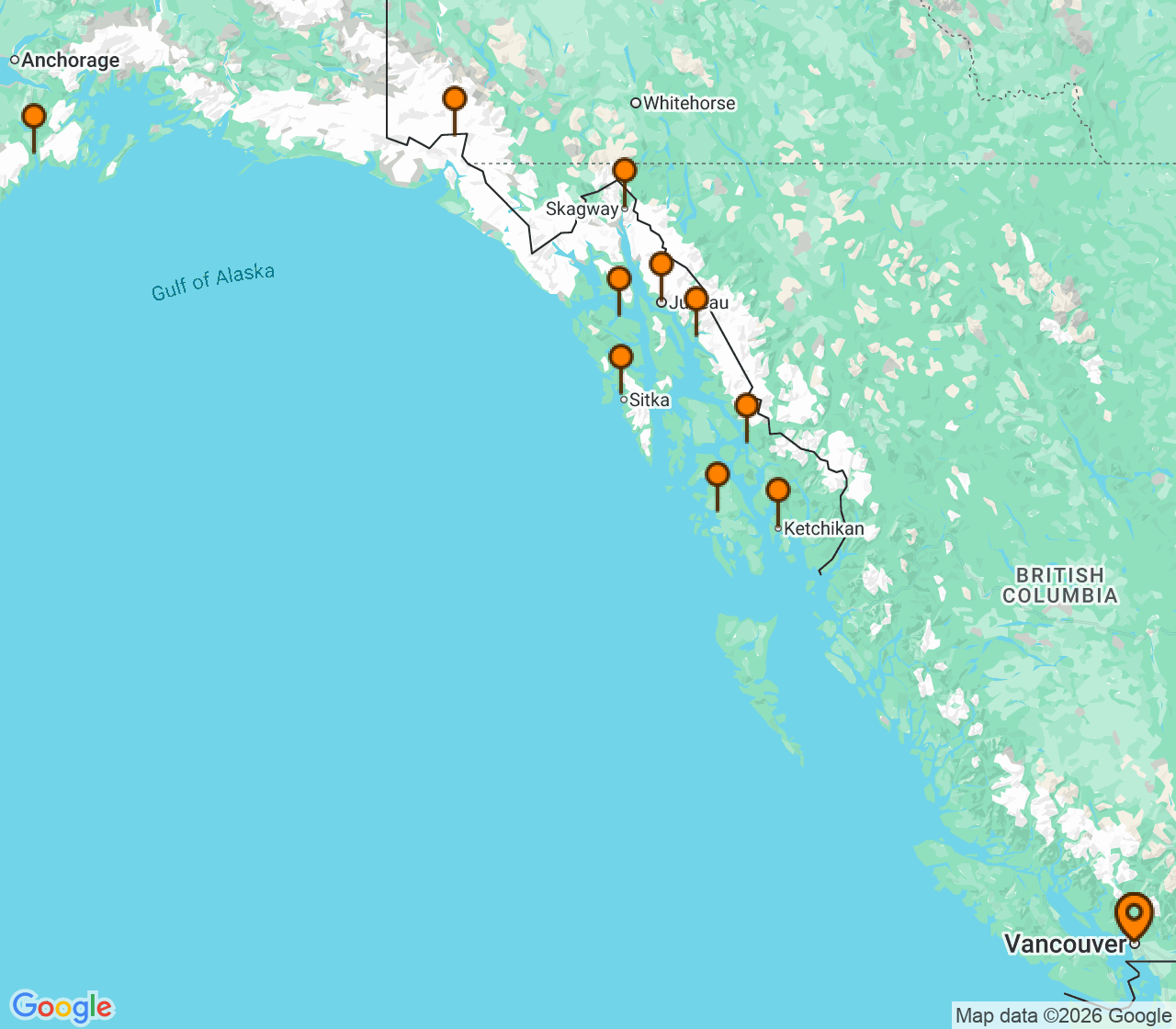 Harta itinerariu Croaziera 2027 - Alaska (Vancouver, Canada) - Explora Journeys - Explora III - 14 nopti