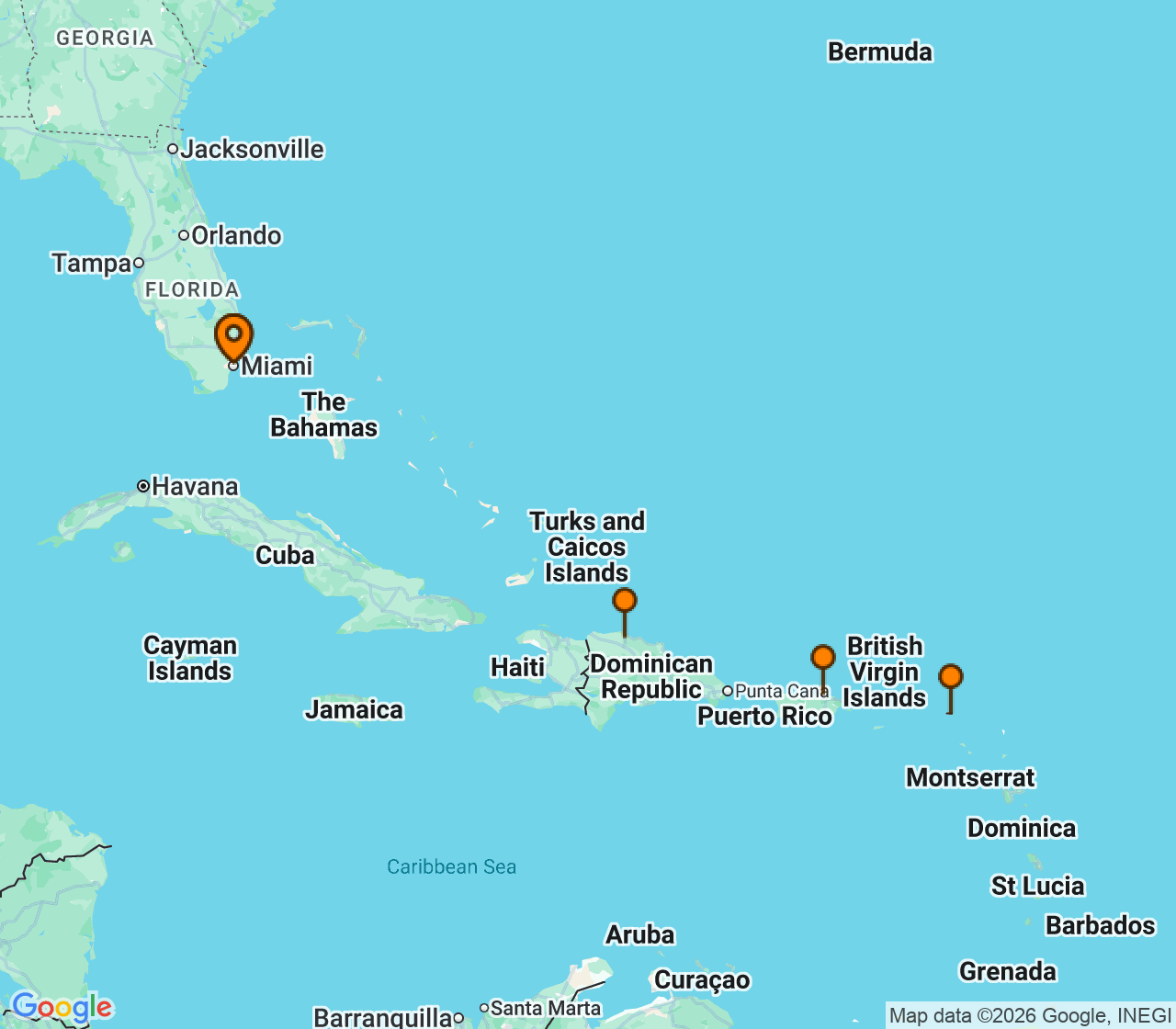 Harta itinerariu Croaziera 2027 - Caraibe si America Centrala (Miami, FL) - Royal Caribbean Cruise Line - Independence of the Seas - 7 nopti