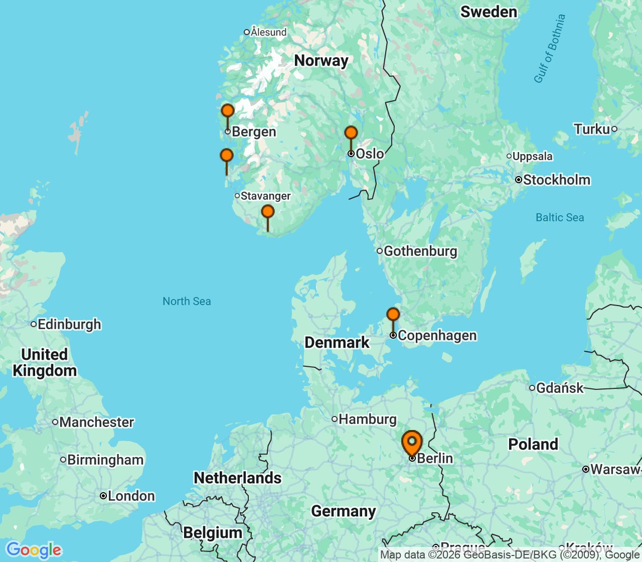 Harta itinerariu Croaziera 2027 - Europa de Nord (Berlin (Warnemunde), Germania) - MSC Cruises - MSC Magnifica - 7 nopti