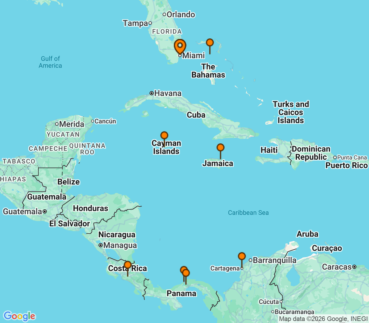 Harta itinerariu Croaziera 2027 - Caraibe si America Centrala (Miami, FL) - Norwegian Cruise Line - Norwegian Gem - 11 nopti