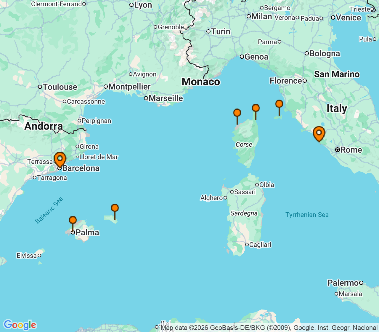 Harta itinerariu Croaziera 2026 - Mediterana (Roma (Civitavecchia), Italia) - Windstar Cruises - Wind Star - 7 nopti