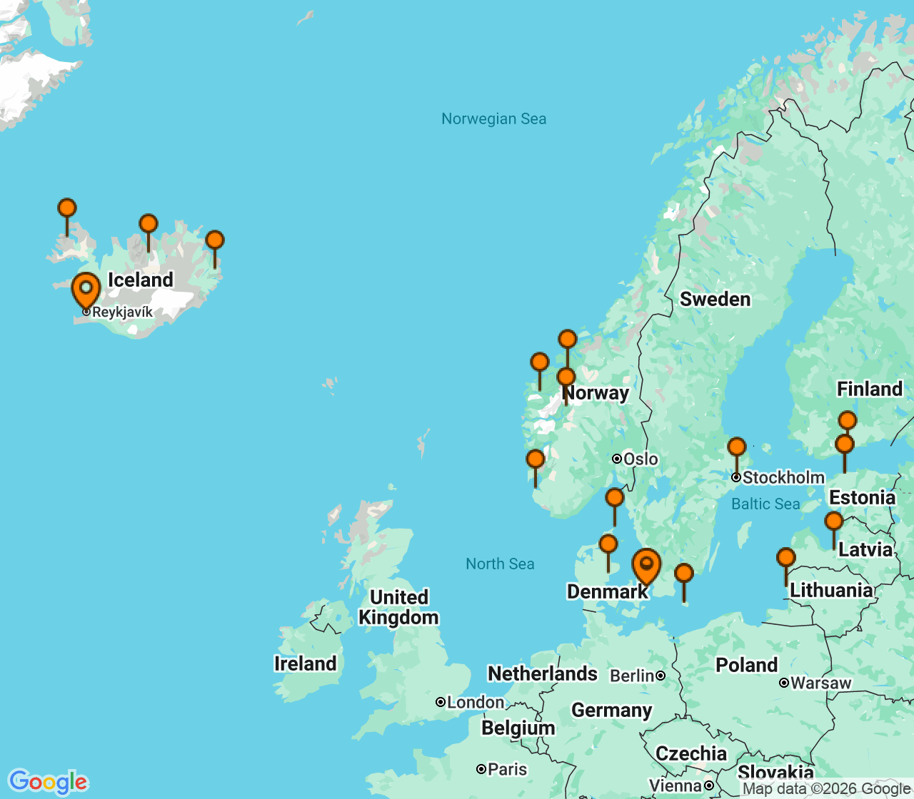 Harta itinerariu Croaziera 2028 - Europa de Nord (Copenhaga, Danemarca) - Princess Cruises - Caribbean Princess - 24 nopti