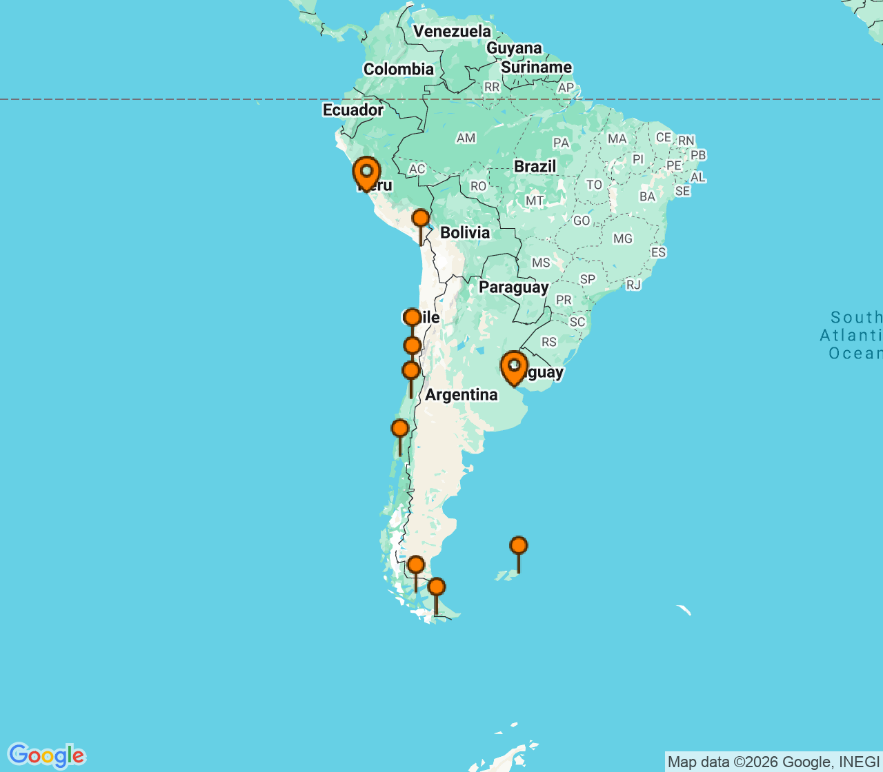 Harta itinerariu Croaziera 2028 - America de Sud (Lima (Callao), Peru) - Silversea Cruises - Silver Ray - 21 nopti