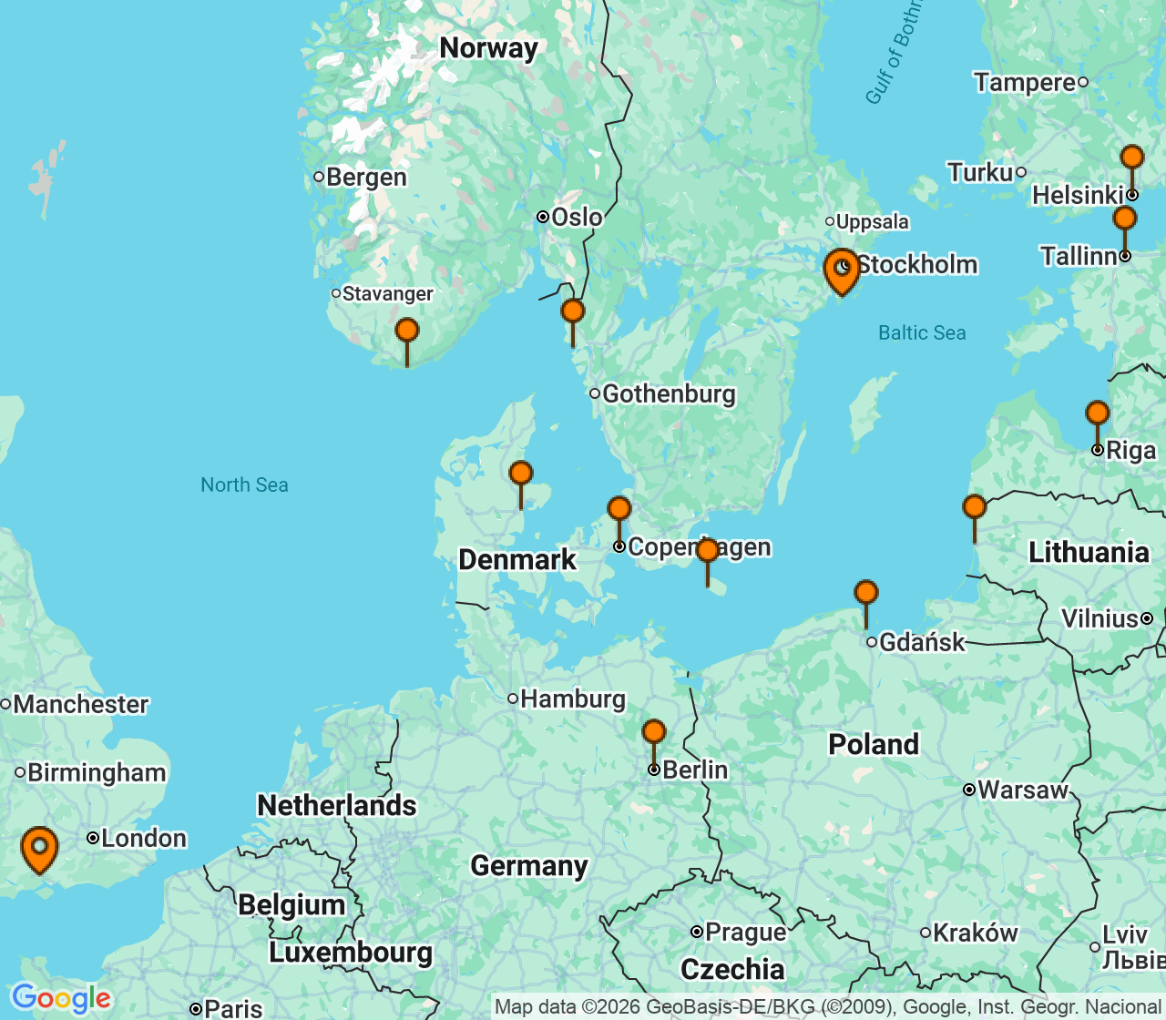 Harta itinerariu Croaziera 2028 - Europa de Nord (Stockholm (Nynashamn), Suedia) - Oceania Cruises - Vista - 14 nopti