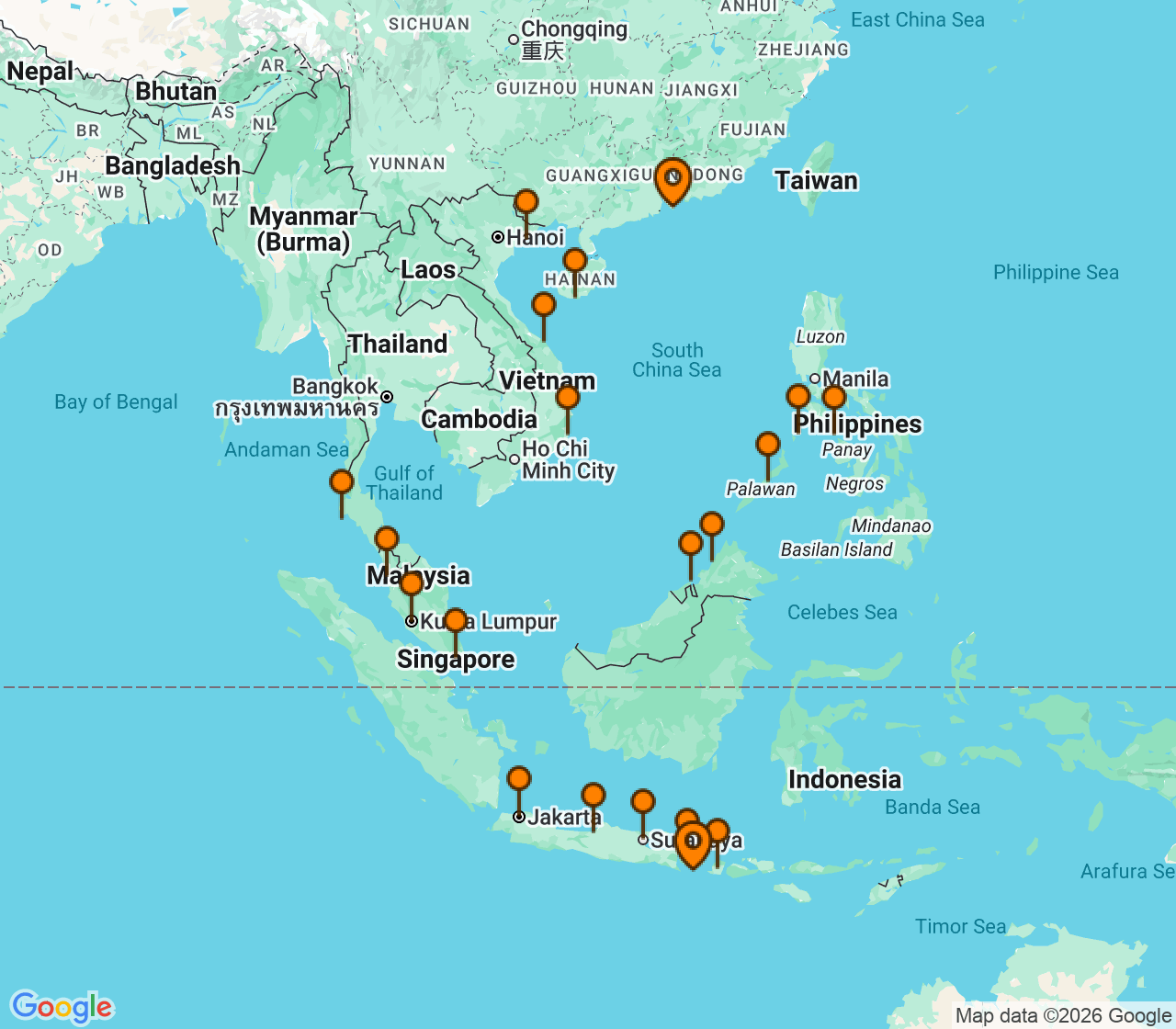 Harta itinerariu Croaziera 2026 - Grand Voyage si Tematice (Hong Kong, China) - Oceania Cruises - Nautica - 27 nopti