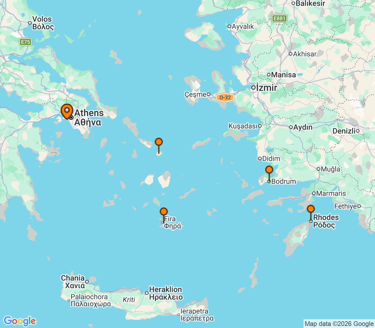 Harta itinerariu Croaziera 2027 - Mediterana (Atena (Piraeus), Grecia) - Virgin Voyages - Scarlet Lady - 7 nopti