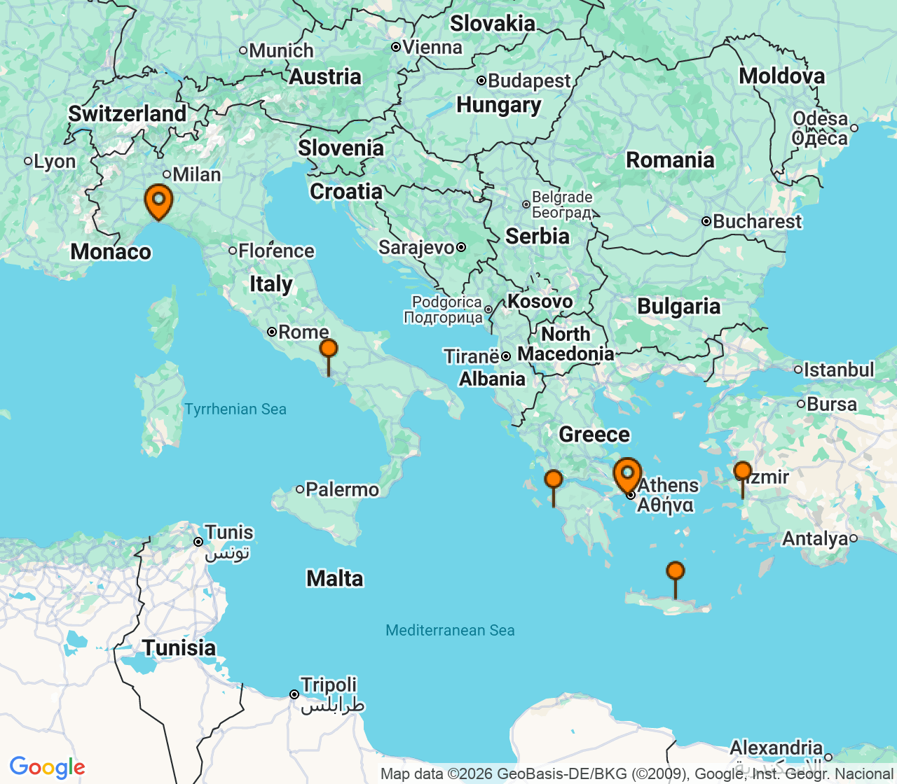 Harta itinerariu Croaziera 2028 - Mediterana (Atena (Piraeus), Grecia) - MSC Cruises - MSC Seaview - 6 nopti