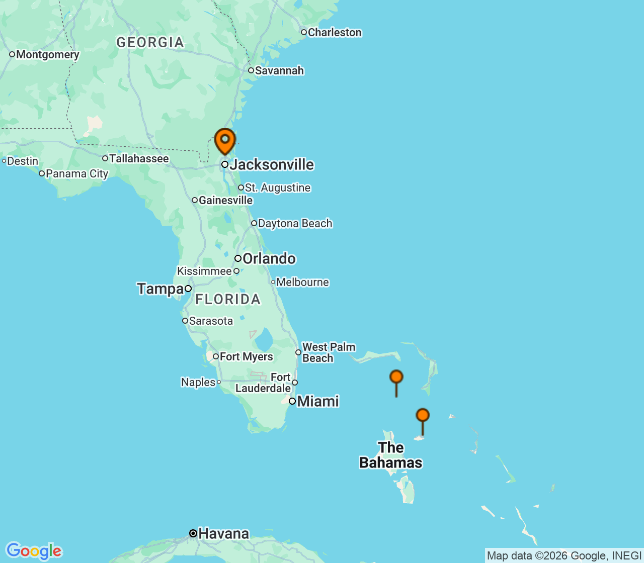 Harta itinerariu Croaziera 2026 - Caraibe si America Centrala (Jacksonville, FL) - Norwegian Cruise Line - Norwegian Dawn - 5 nopti