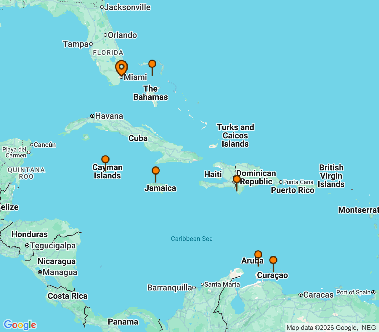 Harta itinerariu Croaziera 2026 - Caraibe si America Centrala (Miami, FL) - Norwegian Cruise Line - Norwegian Jewel - 10 nopti