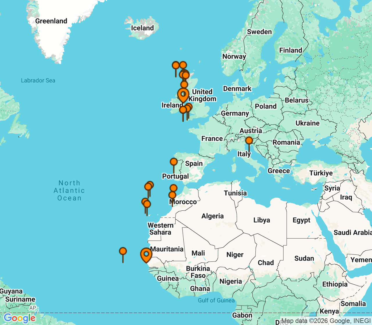 Harta itinerariu Croaziera 2027 - Africa (Dakar, Senegal) - Silversea Cruises - Silver Endeavour - 26 nopti