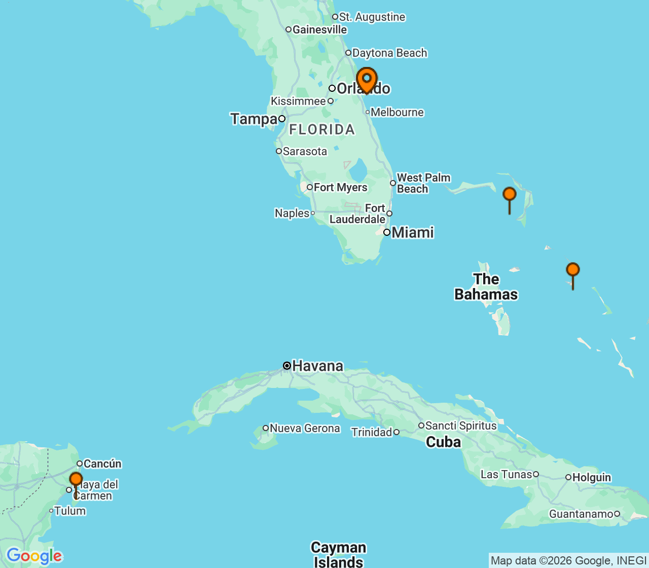 Harta itinerariu Croaziera 2027 - Mediterana (Port Canaveral, FL) - Disney Cruise Line - Disney Destiny - 7 nopti