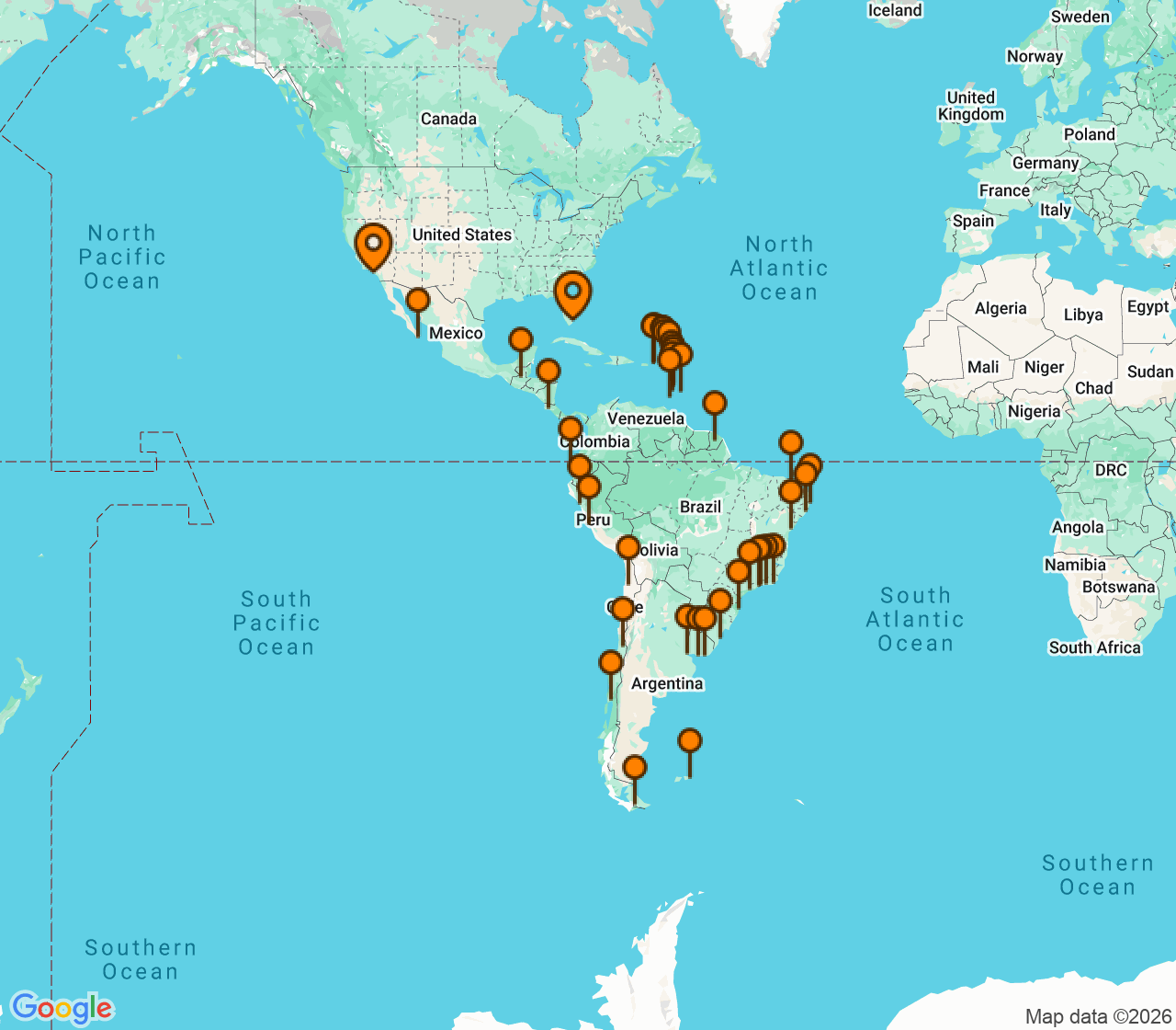 Harta itinerariu Croaziera 2028 - Grand Voyage si Tematice (Miami, FL) - Oceania Cruises - Oceania Aurelia - 71 nopti
