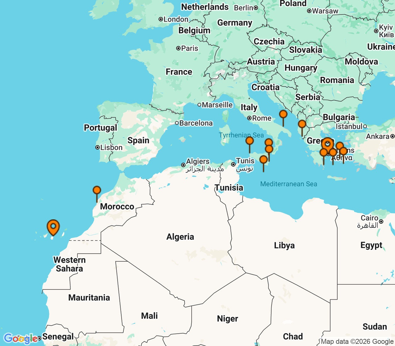 Harta itinerariu Croaziera 2028 - Mediterana (Las Palmas, Insulele Canare) - Silversea Cruises - Silver Wind - 23 nopti