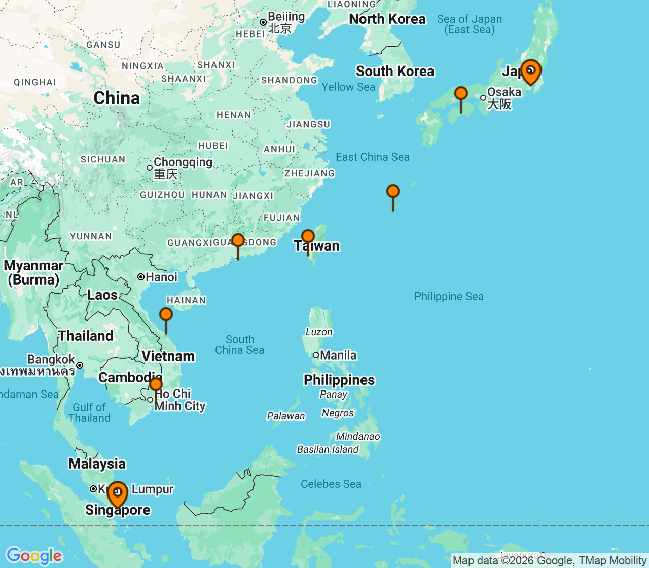 Harta itinerariu Croaziera 2027 - Asia (Orientul Indepartat) (Tokyo (Yokohama), Japonia) - Princess Cruises - Sapphire Princess - 14 nopti