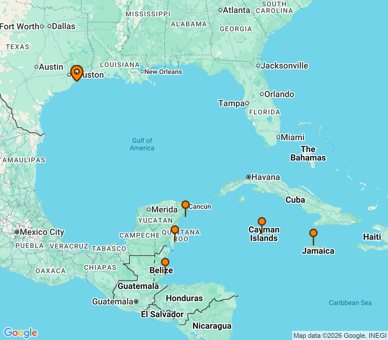 Harta itinerariu Croaziera 2027 - Caraibe si America Centrala (Galveston, TX) - Norwegian Cruise Line - Norwegian Escape - 9 nopti