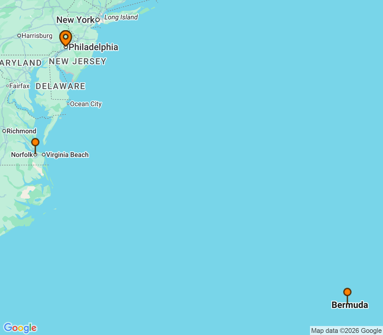Harta itinerariu Croaziera 2028 - Bermuda (Philadelphia, PA) - Norwegian Cruise Line - Norwegian Gem - 7 nopti