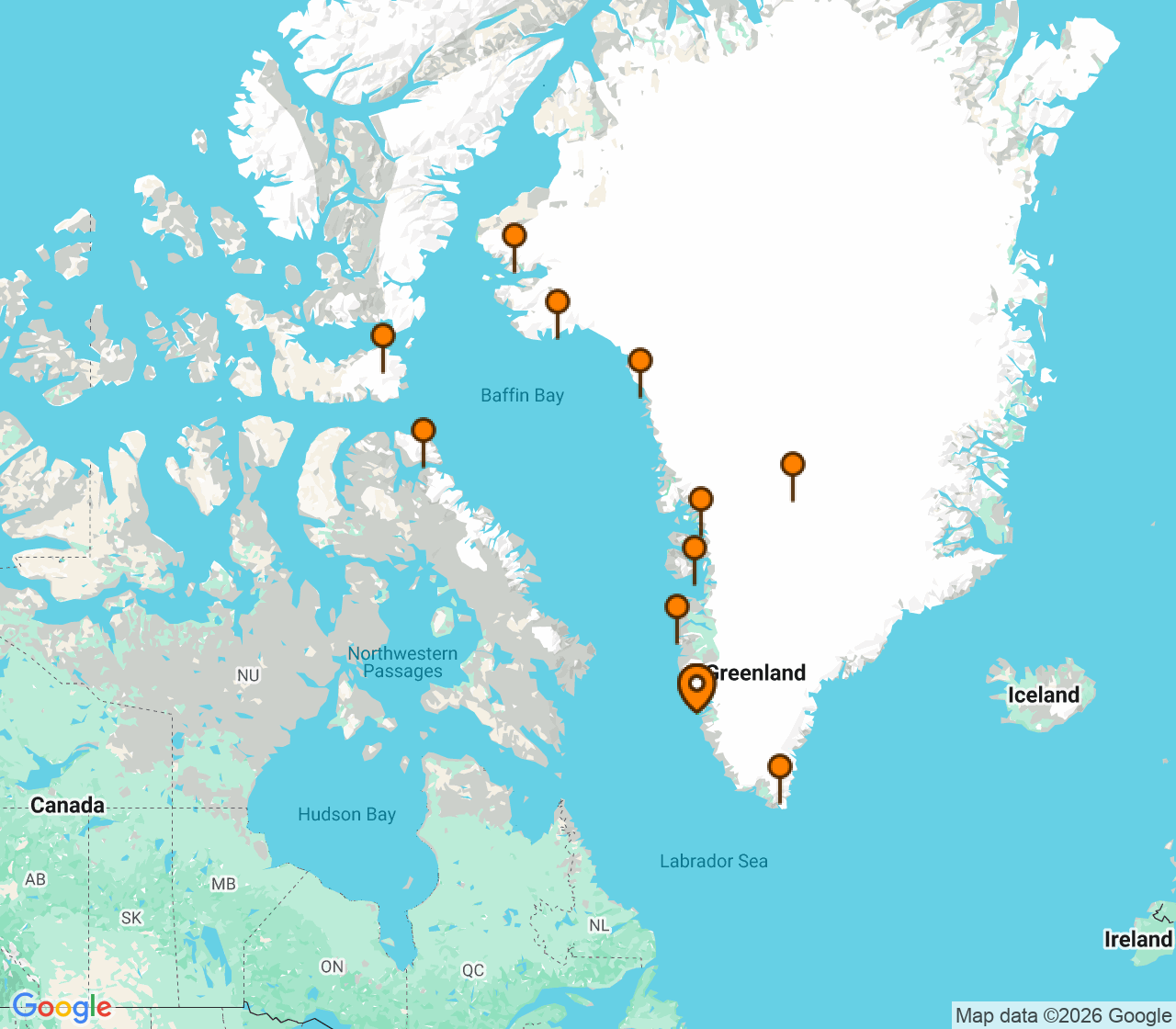 Harta itinerariu Croaziera 2028 - Europa de Nord (Nuuk, Groenlanda) - Ponant - Le Boreal - 16 nopti