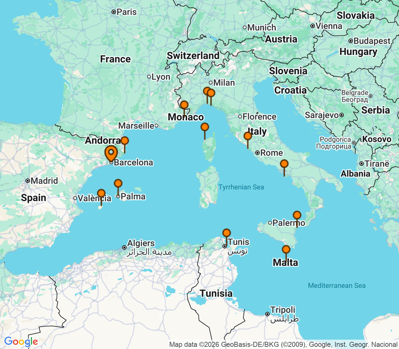 Harta itinerariu Croaziera 2028 - Mediterana (Barcelona, Spania) - Explora Journeys - Explora II - 14 nopti