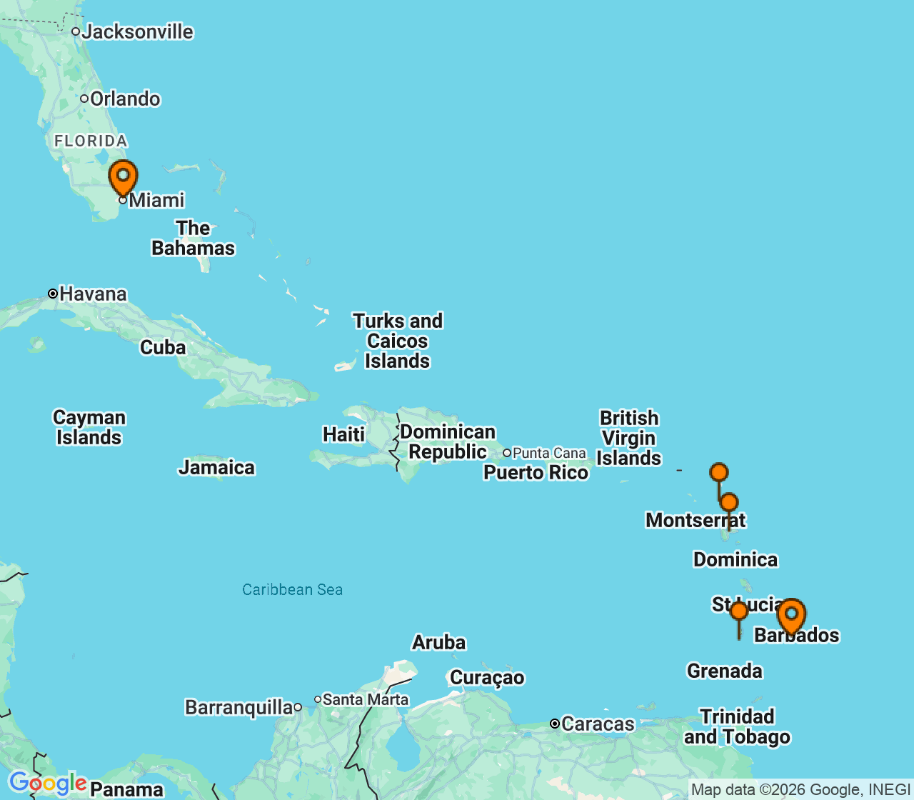 Harta itinerariu Croaziera 2027 - Caraibe si America Centrala (Miami, FL) - Explora Journeys - Explora IV - 7 nopti