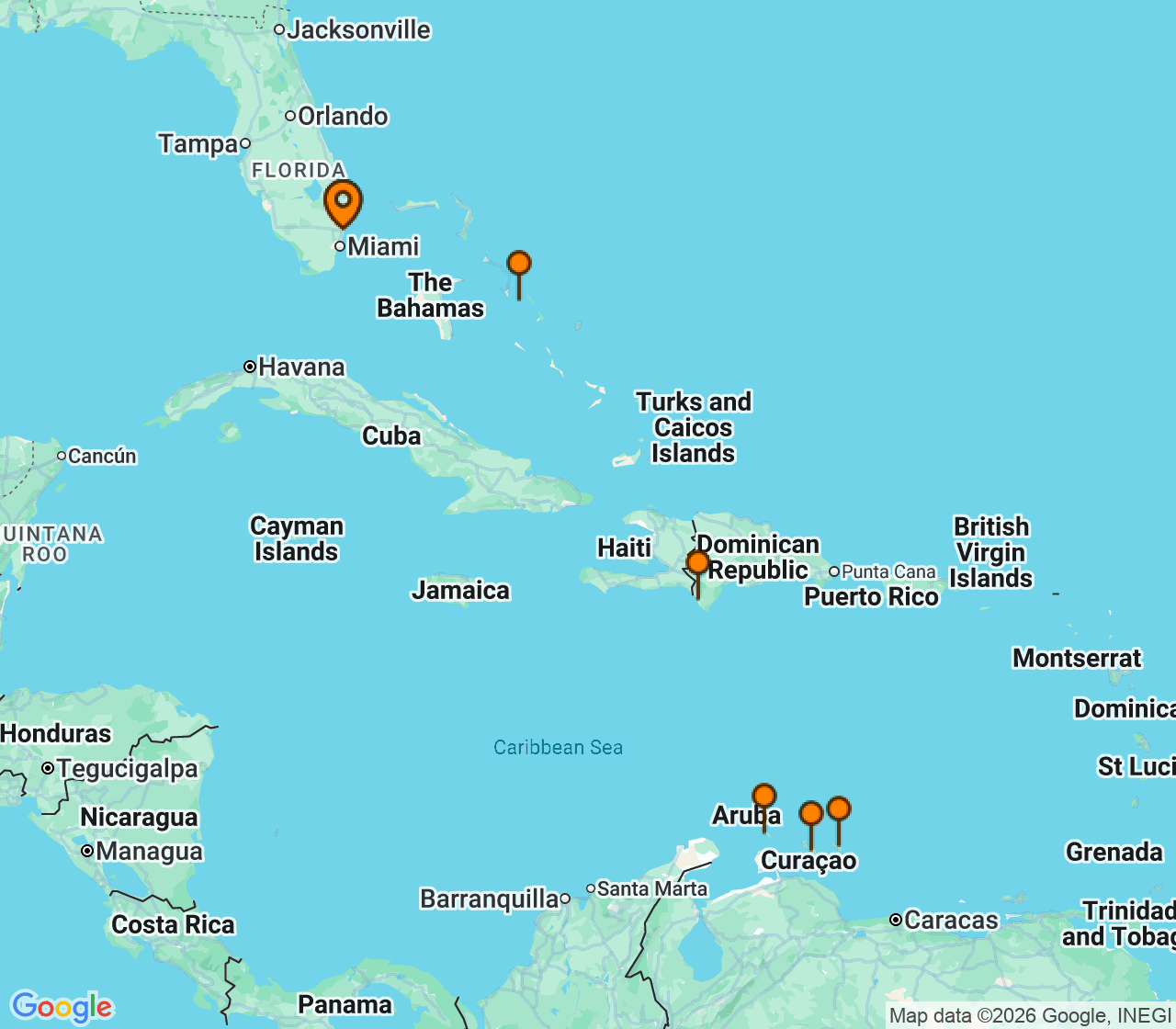 Harta itinerariu Croaziera 2028 - Caraibe si America Centrala (Fort Lauderdale, Florida) - Holland America Line - Eurodam - 10 nopti