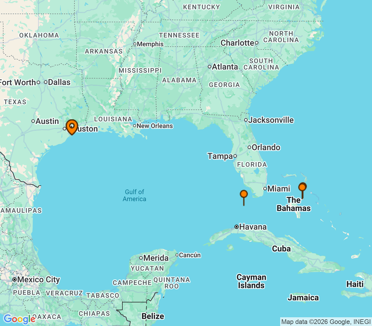 Harta itinerariu Croaziera 2027 - Caraibe si America Centrala (Galveston, TX) - Carnival Cruise Line - Carnival Breeze - 7 nopti