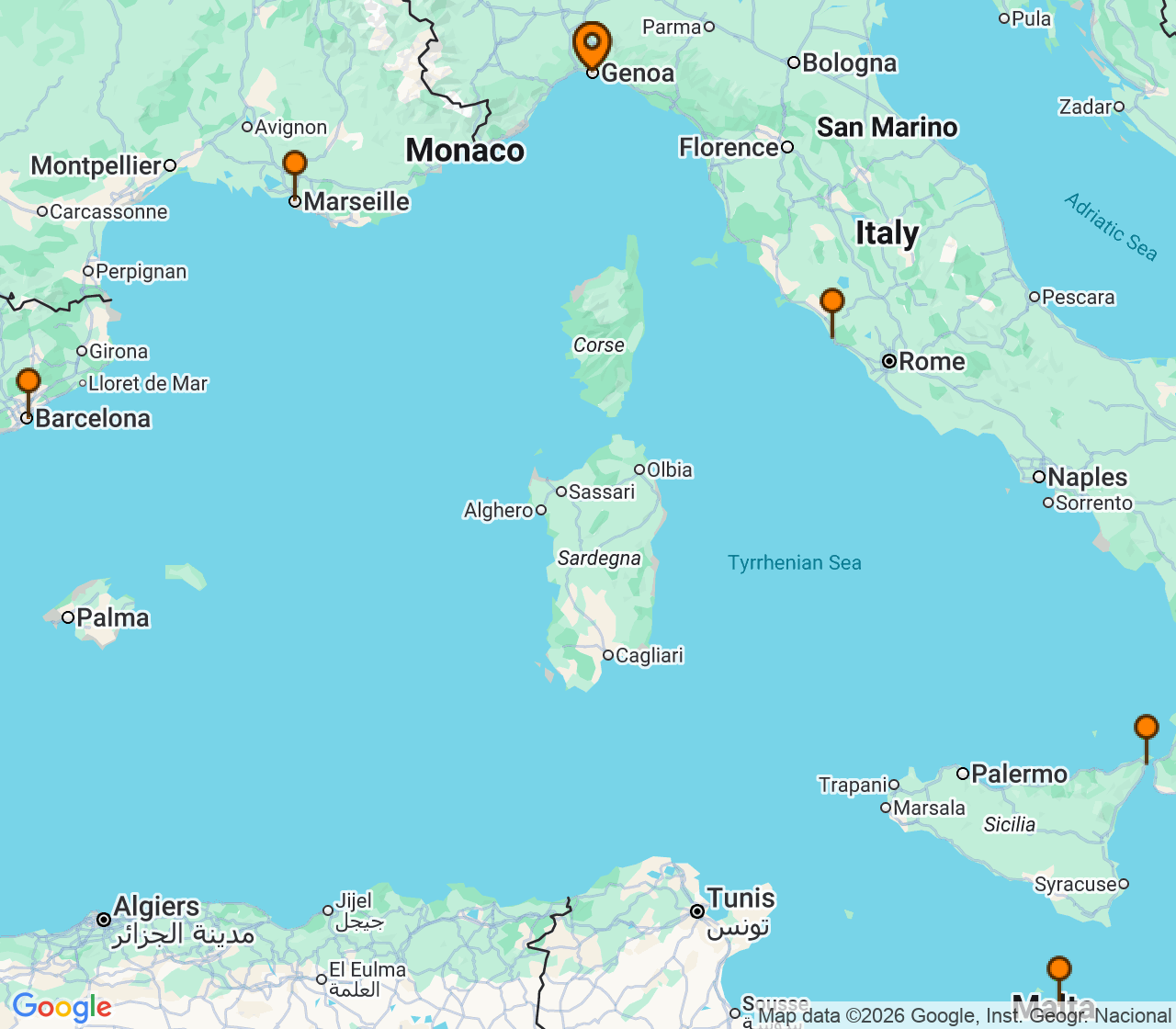 Harta itinerariu Croaziera 2026 - Mediterana (Genova, Italia) - MSC Cruises - MSC World Asia - 7 nopti