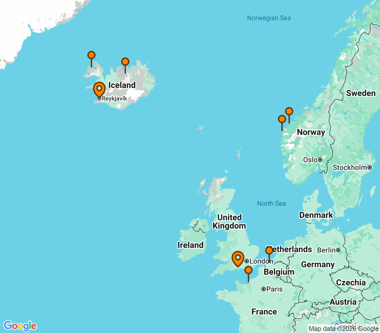 Harta itinerariu Croaziera 2028 - Europa de Nord (Southampton, Anglia) - Norwegian Cruise Line - Norwegian Getaway - 11 nopti