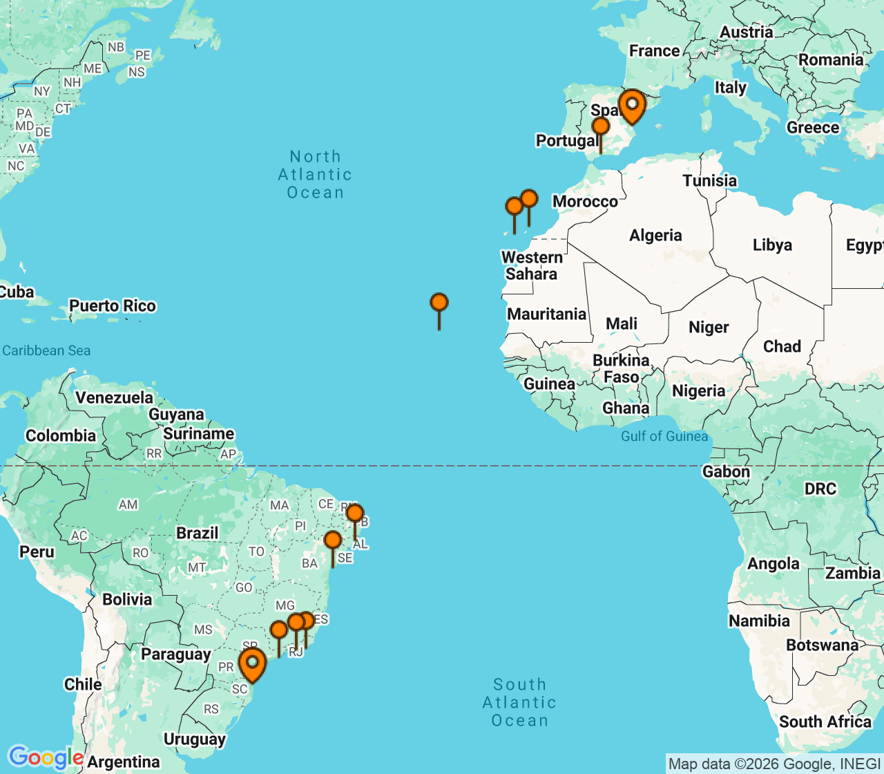 Harta itinerariu Croaziera 2028 - Repozitionari si Transoceanic (Itajai, Brazilia) - MSC Cruises - MSC Musica - 19 nopti