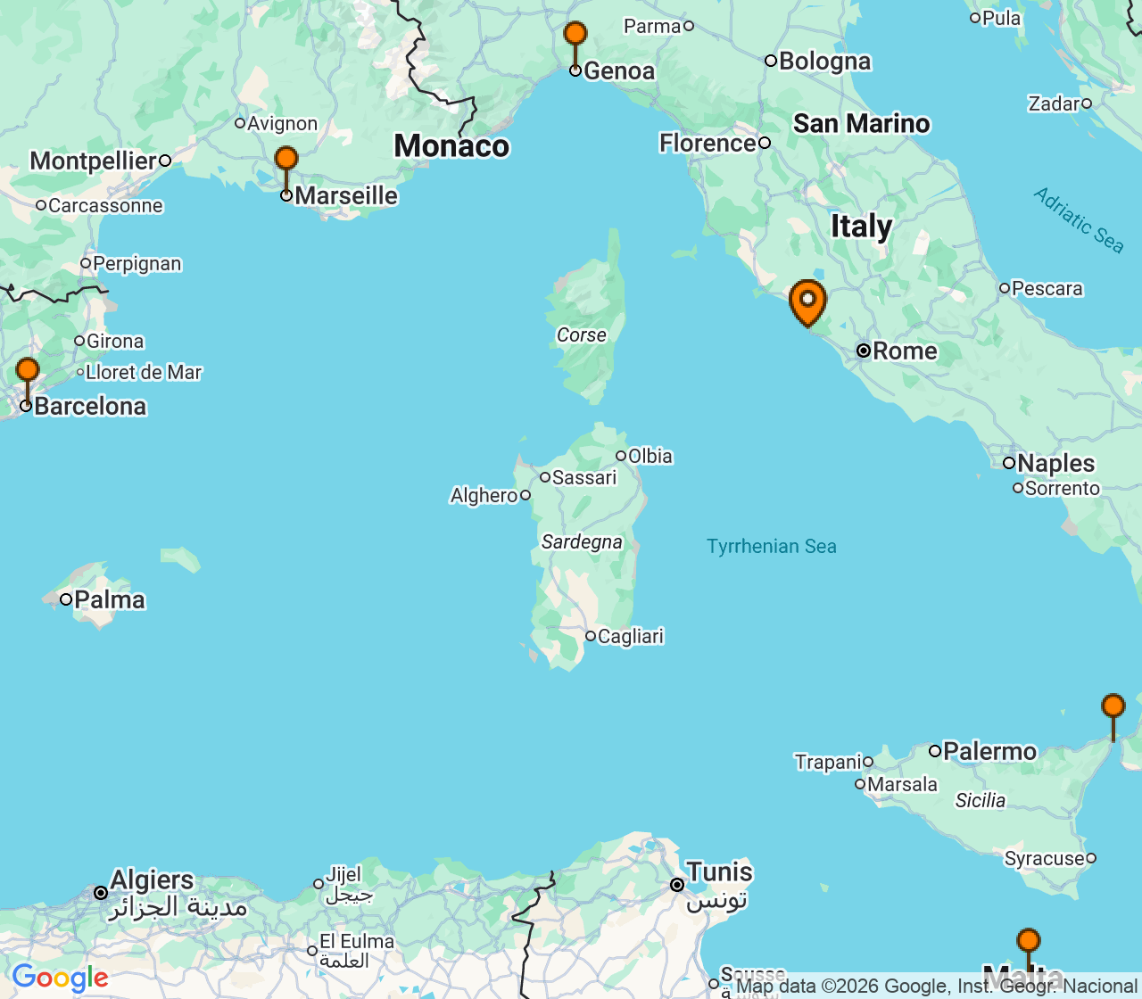 Harta itinerariu Croaziera 2026 - Mediterana (Roma (Civitavecchia), Italia) - MSC Cruises - MSC World Asia - 7 nopti