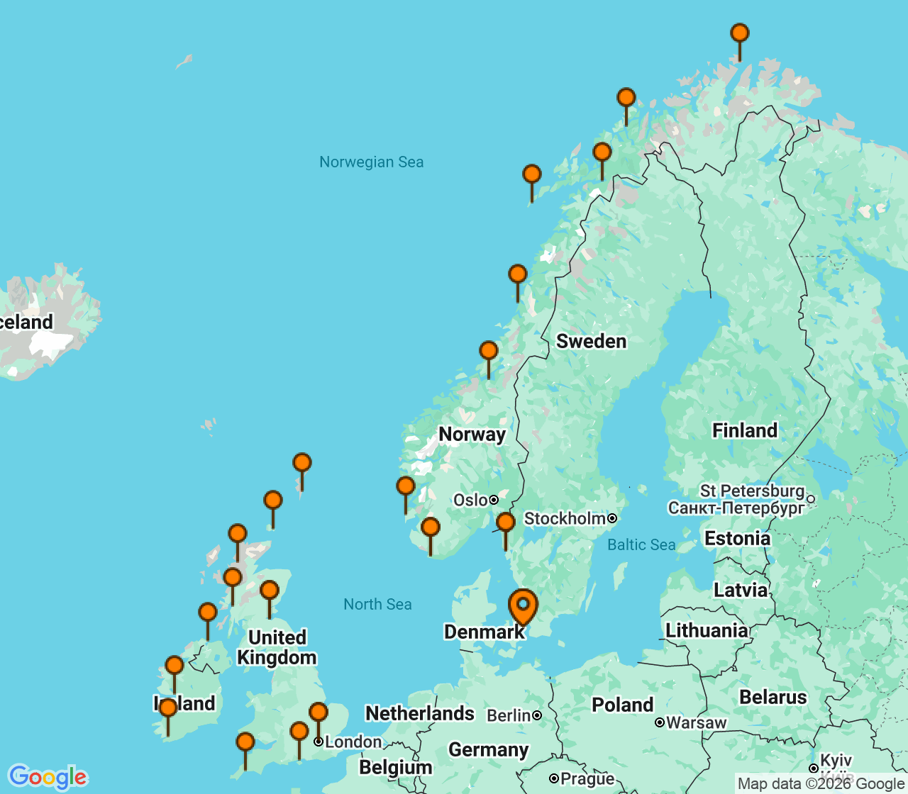 Harta itinerariu Croaziera 2028 - Europa de Nord (Copenhaga, Danemarca) - Seabourn - Seabourn Quest - 36 nopti