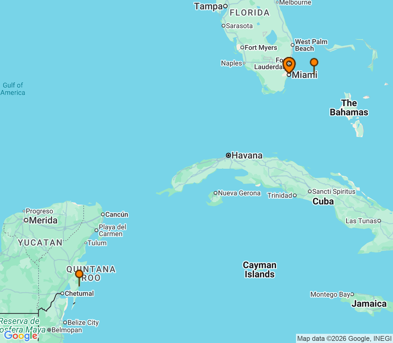 Harta itinerariu Croaziera 2028 - Caraibe si America Centrala (Miami, FL) - Royal Caribbean Cruise Line - Freedom of the Seas - 5 nopti