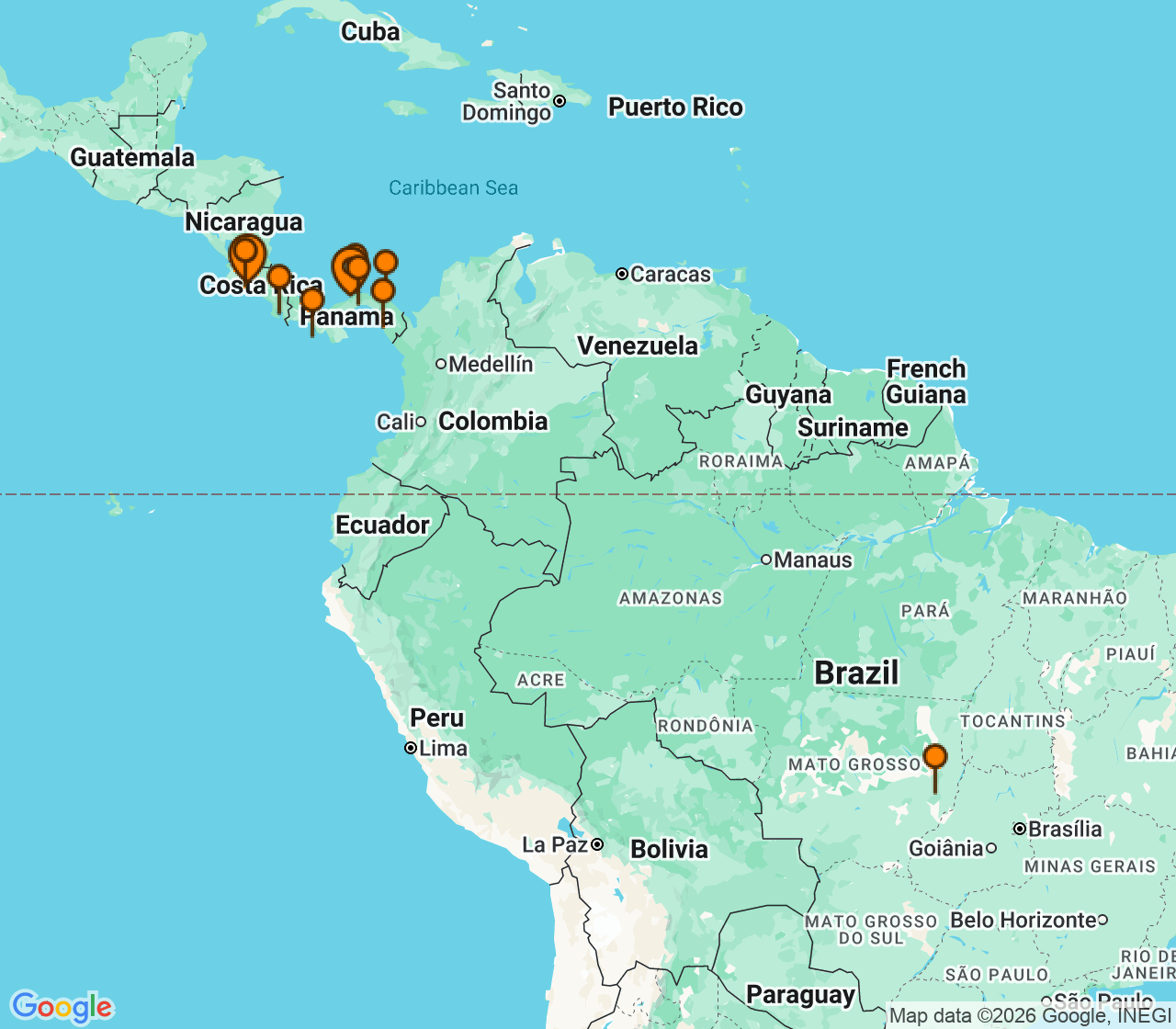 Harta itinerariu Croaziera 2026 - Caraibe si America Centrala (Puntarenas, Costa Rica) - Ponant - Le Bellot - 10 nopti