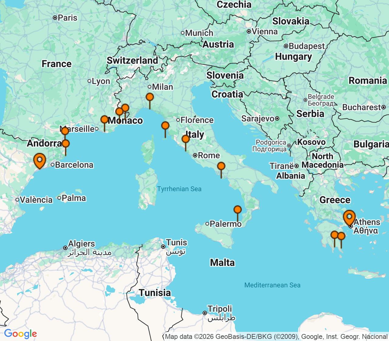 Harta itinerariu Croaziera 2027 - Mediterana (Tarragona, Spania) - Windstar Cruises - Wind Surf - 15 nopti
