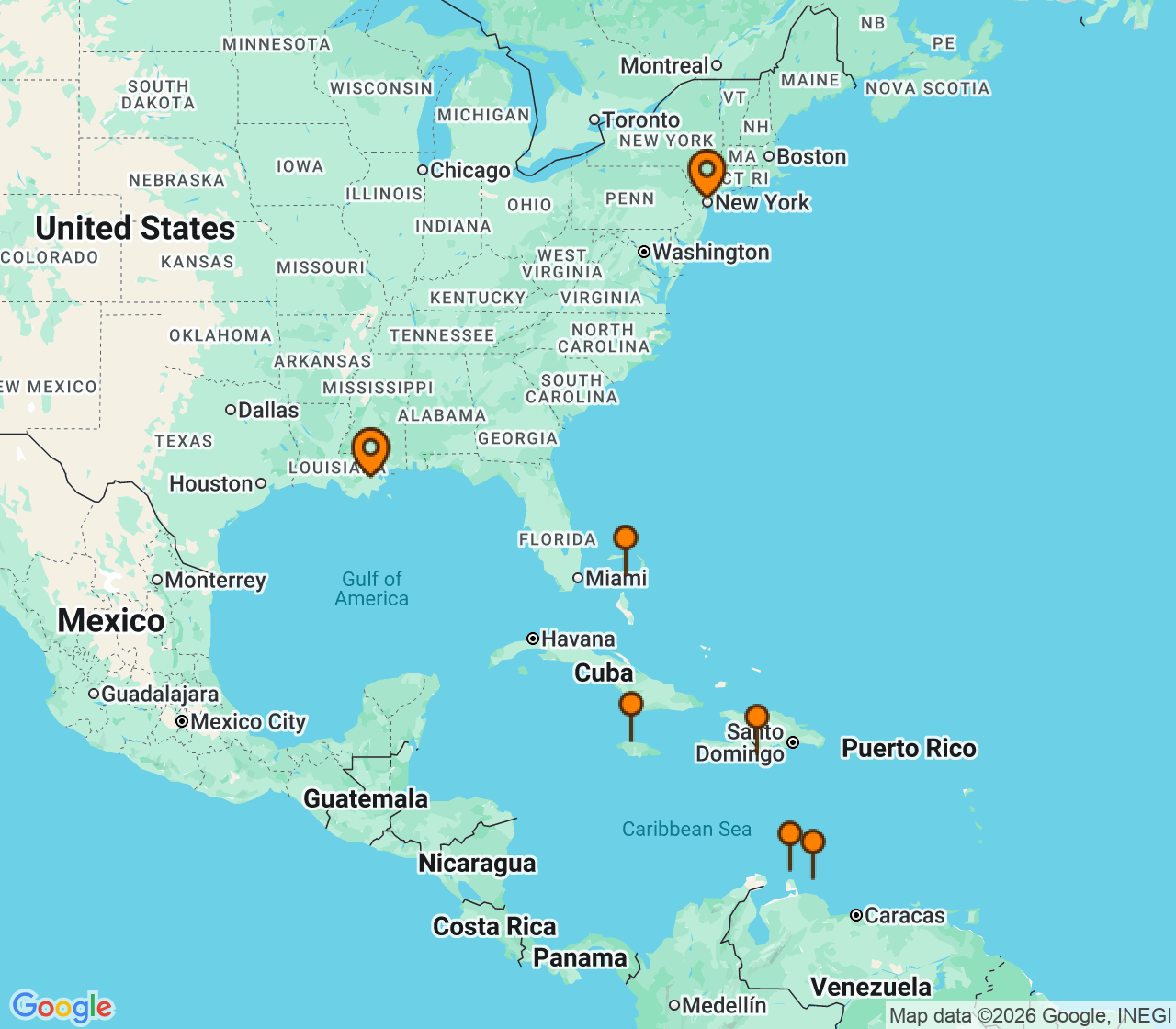 Harta itinerariu Croaziera 2028 - Caraibe si America Centrala (New Orleans, LA) - Norwegian Cruise Line - Norwegian Getaway - 12 nopti