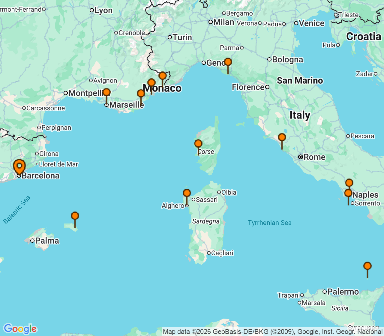Harta itinerariu Croaziera 2027 - Mediterana (Barcelona, Spania) - Explora Journeys - Explora I - 14 nopti