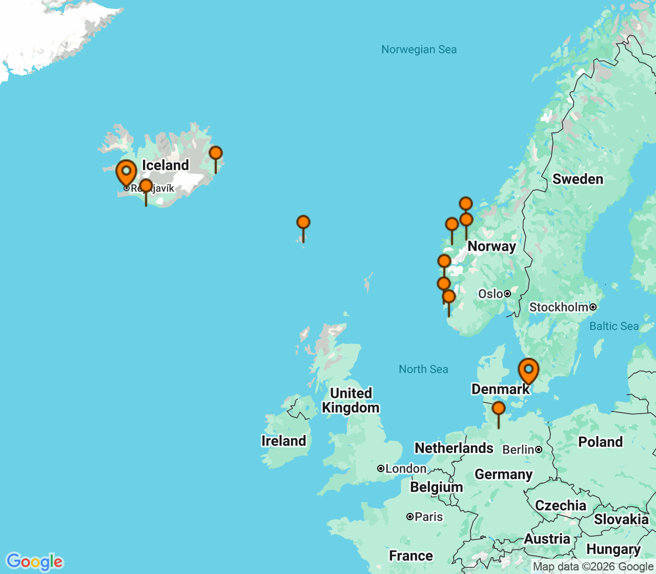 Harta itinerariu Croaziera 2028 - Europa de Nord (Reykjavik, Islanda) - Explora Journeys - Explora V - 15 nopti
