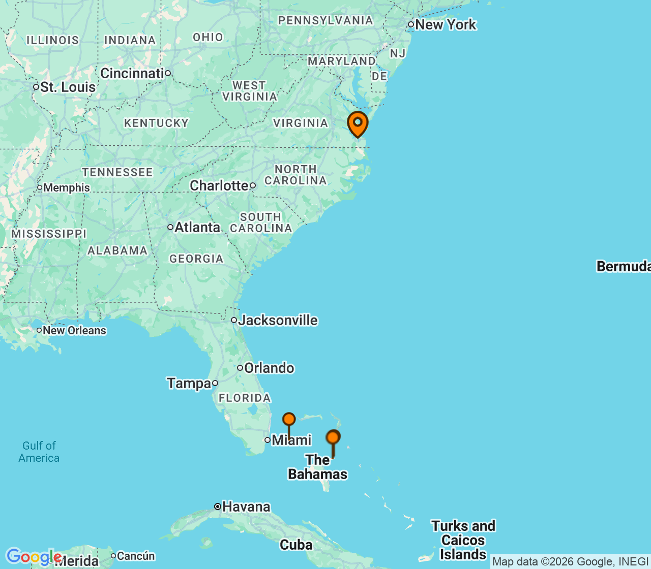 Harta itinerariu Croaziera 2026 - Caraibe si America Centrala (Norfolk, SUA) - Carnival Cruise Line - Carnival Sunshine - 6 nopti