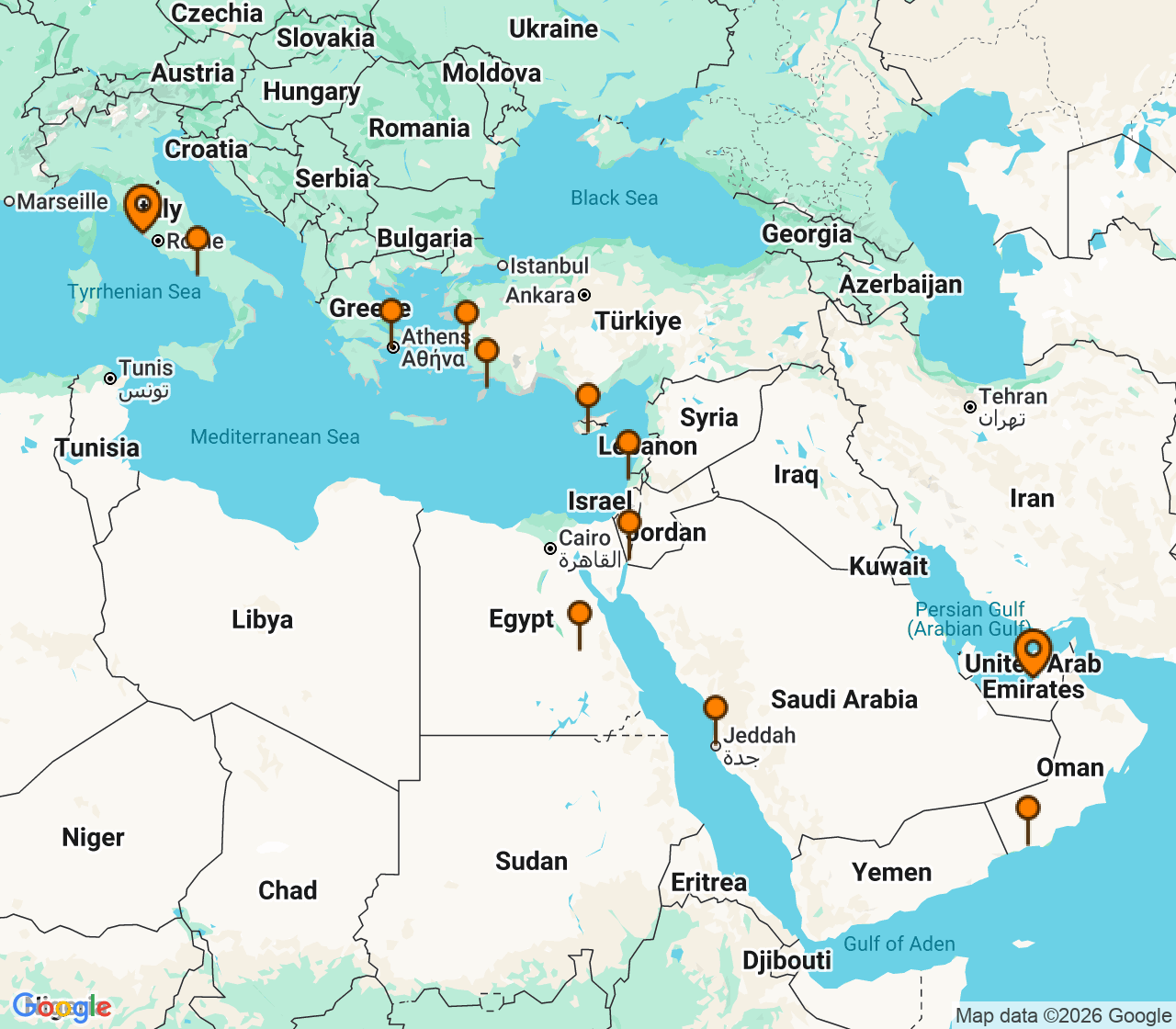 Harta itinerariu Croaziera 2027 -  (Abu Dhabi, Emiratele Arabe Unite) - Regent Seven Seas Cruises - Seven Seas Splendor - 23 nopti