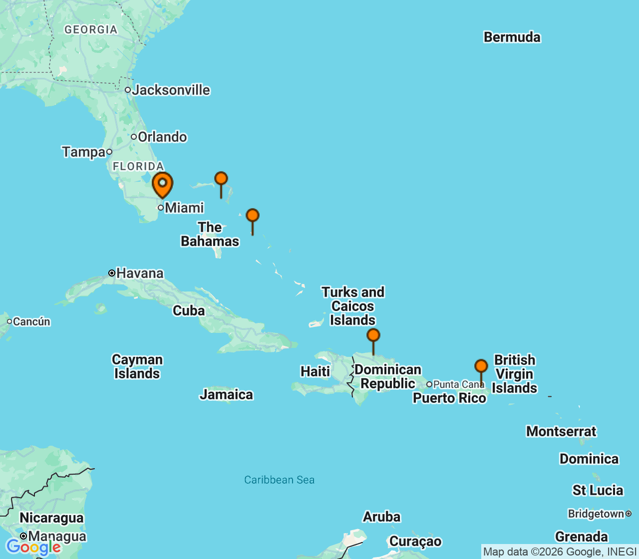 Harta itinerariu Croaziera 2026 - Caraibe si America Centrala (Port Everglades, USA) - Disney Cruise Line - Disney Dream - 7 nopti