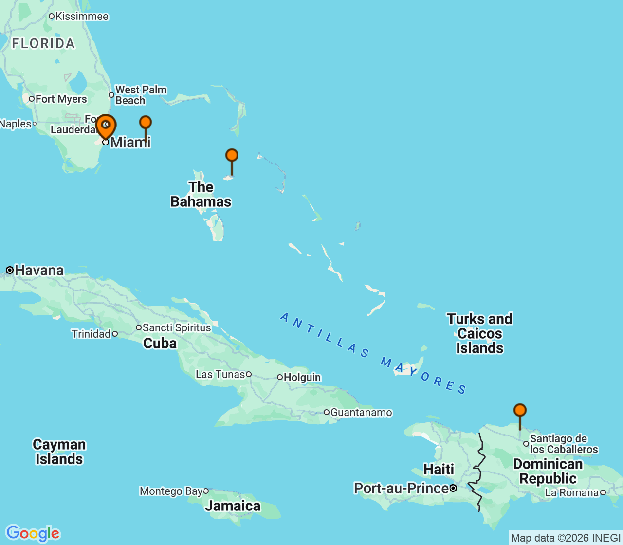 Harta itinerariu Croaziera 2027 - Caraibe si America Centrala (Miami, FL) - Virgin Voyages - Resilient Lady - 6 nopti