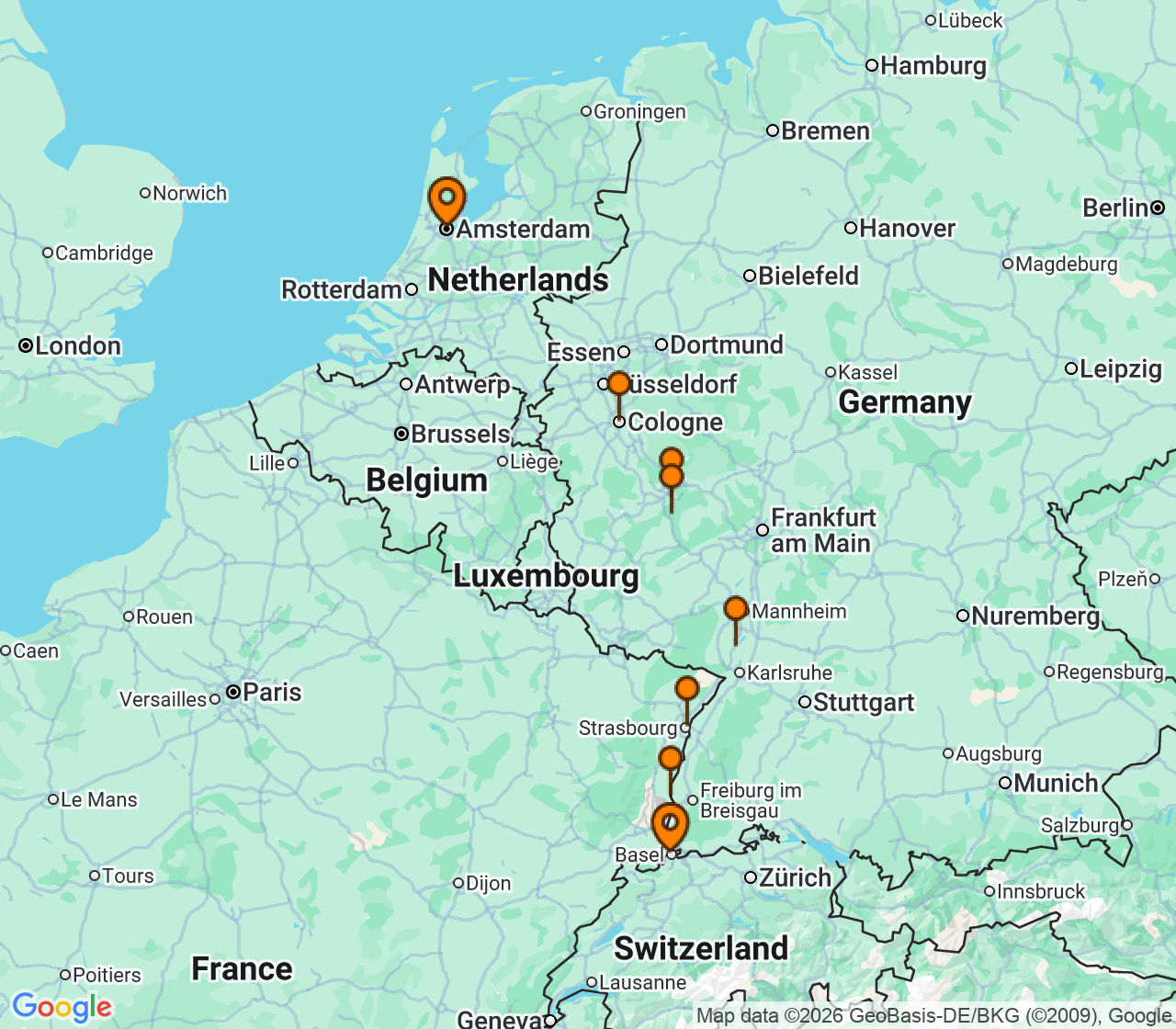 Harta itinerariu Croaziera 2026 - Europa de Nord (Amsterdam, Olanda) - Uniworld River Cruises - S.S. Victoria - 7 nopti
